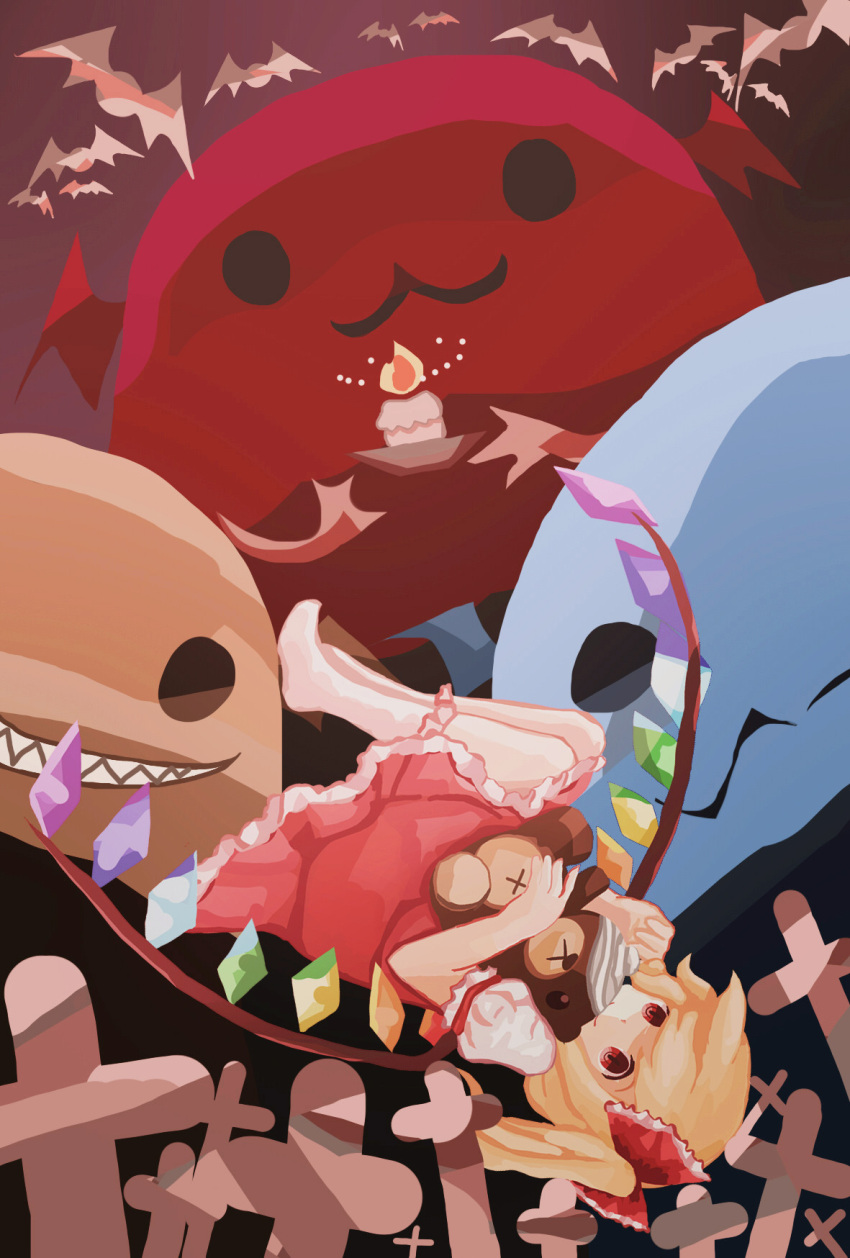 1girl asymmetrical_hair bat bat_wings blonde_hair brown_background candle cross crystal evil_grin evil_smile fire flandre_scarlet grin highres long_hair monster red_eyes ribbon side_ponytail smile solid_circle_eyes stuffed_animal stuffed_toy teddy_bear touhou wings