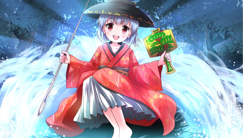 1girl :d bowl_hat brown_eyes highres holding looking_at_viewer miracle_mallet open_mouth risutaru silver_hair sitting smile solo sukuna_shinmyoumaru touhou