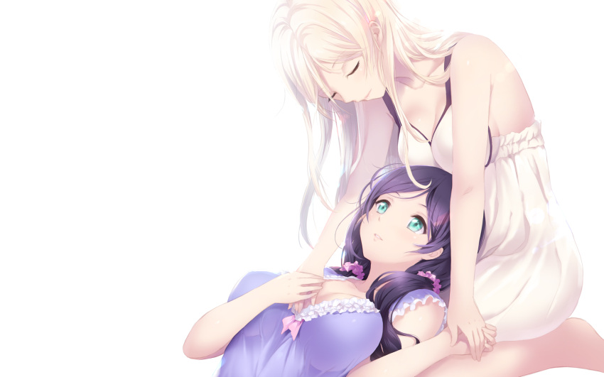 2girls ayase_eli babydoll bare_shoulders barefoot blonde_hair blush breasts cait cleavage closed_eyes green_eyes highres large_breasts long_hair looking_at_another looking_down love_live!_school_idol_project lying_on_lap lying_on_person multiple_girls open_mouth purple_hair sitting smile toujou_nozomi twintails wariza