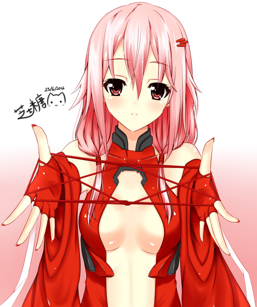 1girl absurdres bare_shoulders breasts cat's_cradle center_opening cleavage detached_sleeves elbow_gloves fingerless_gloves gloves guilty_crown hair_ornament hairclip highres long_hair looking_at_viewer navel outstretched_arms outstretched_hand pink_hair ppshex red_eyes smile solo twintails yuzuriha_inori