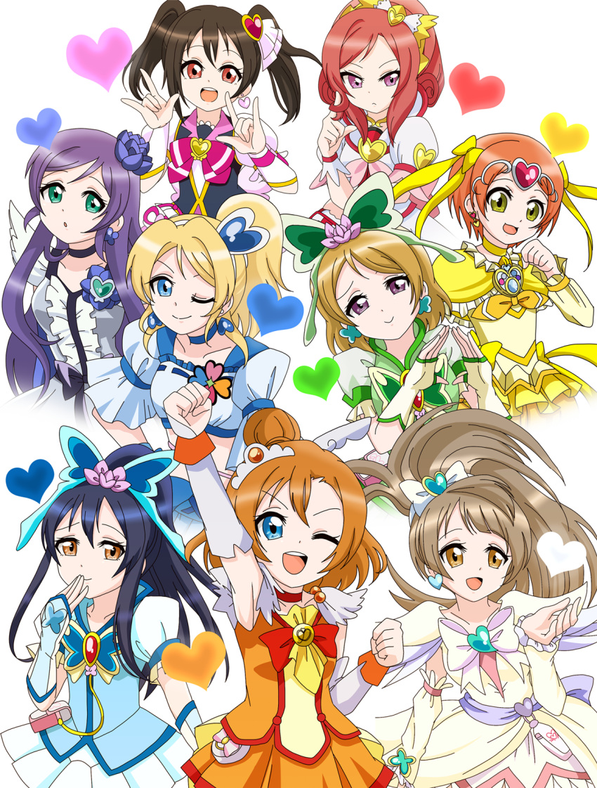 6+girls \m/ arm_up arm_warmers armpits asuka_(ganboriyo) ayase_eli black_hair blonde_hair blue_eyes bow brooch brown_eyes brown_hair butterfly_hair_ornament circlet clenched_hand color_connection cure_ace cure_ace_(cosplay) cure_aqua cure_aqua_(cosplay) cure_berry cure_berry_(cosplay) cure_egret cure_egret_(cosplay) cure_lovely cure_lovely_(cosplay) cure_mint cure_mint_(cosplay) cure_moonlight cure_moonlight_(cosplay) cure_muse_(yellow) cure_muse_(yellow)_(cosplay) cure_sunny cure_sunny_(cosplay) curly_hair diamond_hands dokidoki!_precure earrings flower fresh_precure! frills futari_wa_precure_splash_star green_eyes hair_bow hair_bun hair_flower hair_ornament hairband happinesscharge_precure! heart heart_hair_ornament heartcatch_precure! highres hoshizora_rin jewelry koizumi_hanayo kousaka_honoka long_hair love_live!_school_idol_project magical_girl minami_kotori multiple_girls nishikino_maki one_eye_closed orange_hair orange_skirt pink_eyes ponytail precure purple_hair red_eyes redhead ribbon short_hair skirt smile smile_precure! sonoda_umi suite_precure toujou_nozomi twintails violet_eyes wink yazawa_nico yellow_eyes yes!_precure_5 yes!_precure_5_gogo!