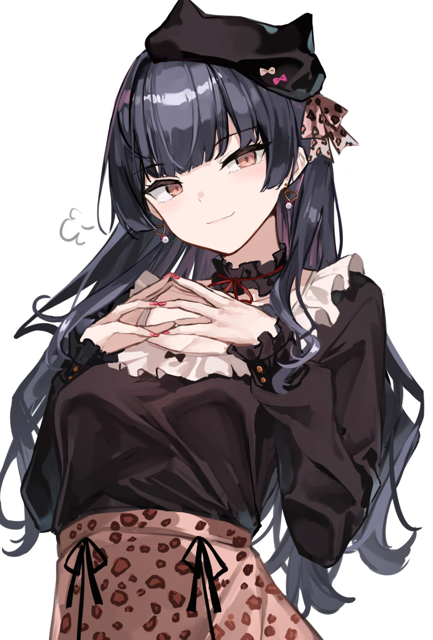 1girl 7gao animal_print bangs black_hair blunt_bangs blush breasts brown_eyes choker collarbone earrings fingers_together frilled_choker frilled_shirt frilled_sleeves frills hat heart heart_earrings highres idolmaster idolmaster_shiny_colors jewelry leopard_print long_hair looking_at_viewer mayuzumi_fuyuko medium_breasts red_nails shirt skirt smile smug solo very_long_hair