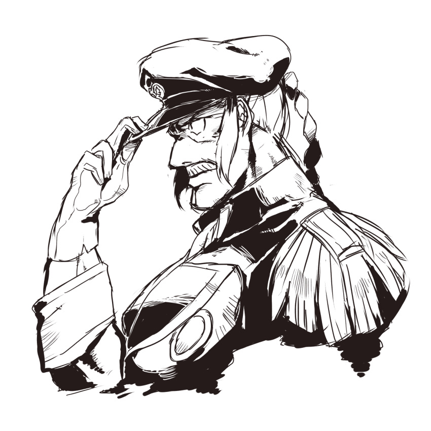 admiral_(kantai_collection) auru_t braid facial_hair g_gundam gloves gundam hat highres male master_asia monochrome mustache