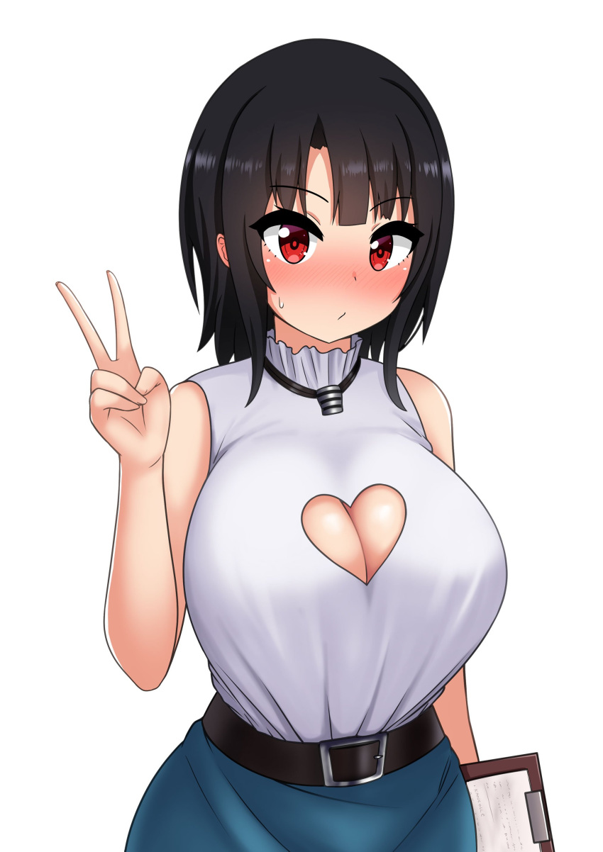 1girl absurdres bare_shoulders belt black_hair blush breasts cleavage_cutout clipboard eyes_visible_through_hair highres huge_breasts kantai_collection large_breasts looking_at_viewer red_eyes shirt shirt_tucked_in short_hair sleeveless solo sweatdrop takao_(kantai_collection) the_only_shoe v white_background white_shirt