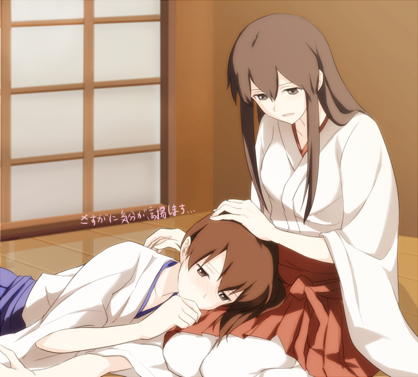 2girls akagi_(kantai_collection) asymmetrical_hair blush brown_eyes brown_hair japanese_clothes kaga_(kantai_collection) kantai_collection long_hair looking_at_another lying_on_lap lying_on_person multiple_girls open_mouth short_hair side_ponytail sitting skirt smile thigh-highs translation_request wariza