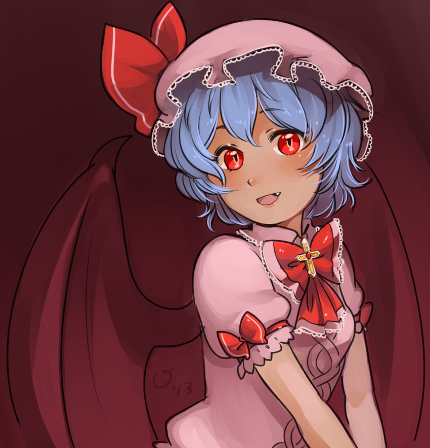 1girl bat_wings blue_hair bow cross dated fang highres looking_at_viewer magical_ondine mob_cap puffy_short_sleeves puffy_sleeves red_background red_eyes remilia_scarlet short_sleeves touhou v_arms wings