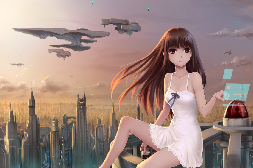 1girl bare_shoulders breasts brown_eyes brown_hair building chemise city cityscape cleavage clouds collarbone dress dusk highres holographic_interface holographic_monitor long_hair original realistic revision ribbon science_fiction sitting sky skyscraper smile space_craft starfighter youbou