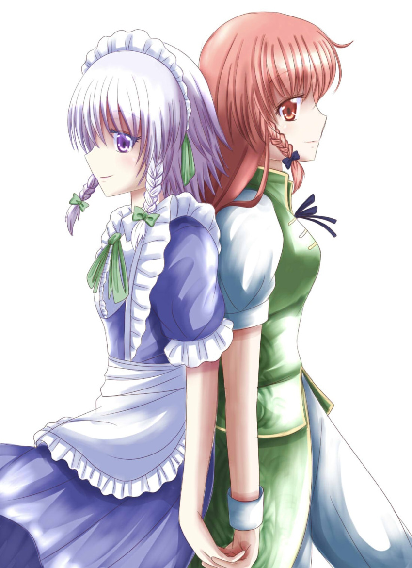 2girls apron back-to-back bow braid chinese_clothes hair_bow hands_together highres hong_meiling izayoi_sakuya long_hair maid_headdress multiple_girls no_hat pants profile red_eyes redhead ribbon short_hair short_sleeves silver_hair simple_background skirt skirt_set smile touhou twin_braids violet_eyes waist_apron wendell white_background wrist_cuffs