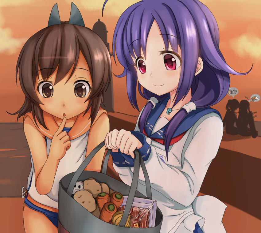 4girls :o ahoge akagi_(kantai_collection) asymmetrical_hair bacon bag bare_shoulders brown_eyes brown_hair carrot carrying finger_to_mouth food hair_tubes highres i-401_(kantai_collection) kaga_(kantai_collection) kantai_collection karuna_(madlax) long_hair low_twintails multiple_girls one-piece_swimsuit onion open_mouth ponytail potato purple_hair red_eyes school_swimsuit school_uniform short_hair short_ponytail side_ponytail smile swimsuit taigei_(kantai_collection) tan twintails