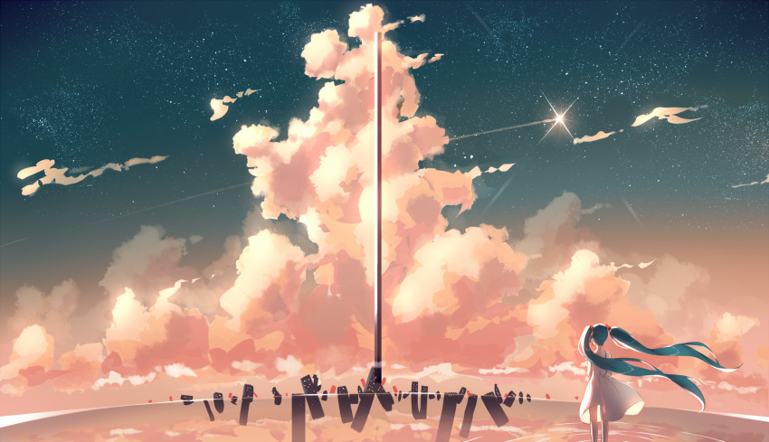 1girl clouds commentary_request dress from_behind green_hair highres long_hair original phantania reflection ripples scenery sky sleeveless solo spaghetti_strap sparkle standing star_(sky) sundress twintails very_long_hair white_dress