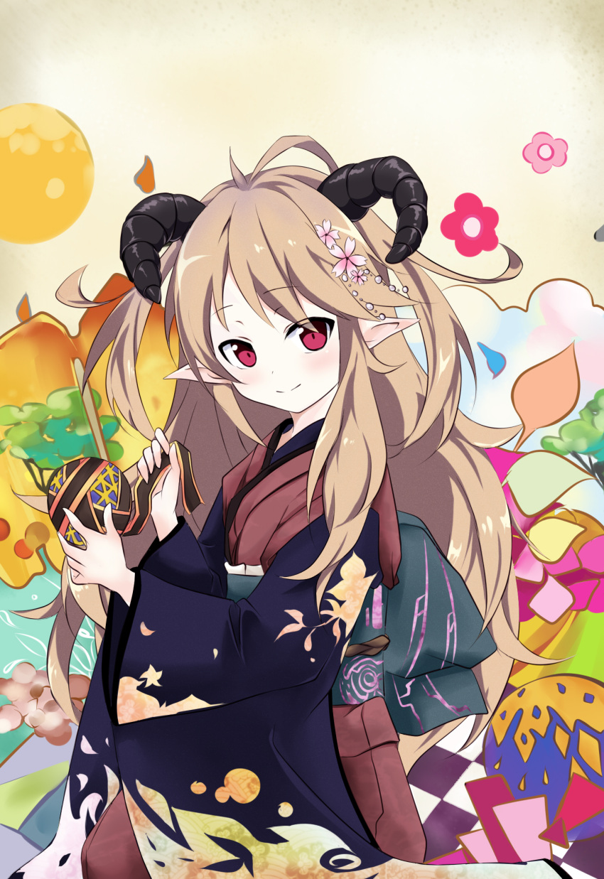 1girl alternate_costume ayakashi_onmyouroku behemoth_(ayakashi_onmyouroku) blonde_hair checkered clouds colorful demon_girl faech flower full_moon hair_flower hair_ornament highres horns japanese_clothes kimono long_hair long_sleeves looking_at_viewer moon mountain obi petals plant pointy_ears red_eyes sash smile solo traditional_clothes tree