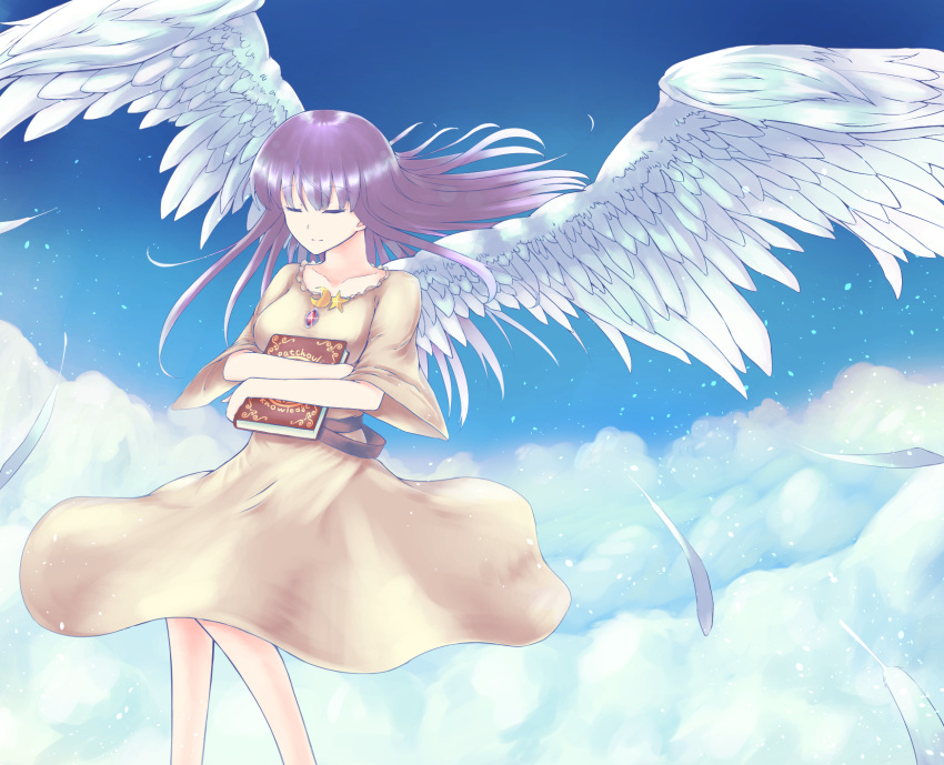 1girl above_clouds alternate_costume bird_wings blue_sky book book_hug brooch character_name closed_eyes collarbone crescent dress feathers flying highres holding holding_book jewelry light_particles light_smile long_hair orinpachu patchouli_knowledge purple_hair sky solo star touhou wind