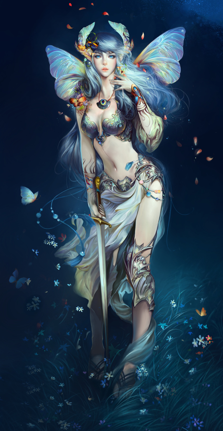 1girl absurdres angelos blue_eyes blue_hair breasts butterfly butterfly_wings cleavage flower hair_ornament highres huge_filesize jewelry lips long_hair looking_at_viewer midriff navel necklace original petals realistic solo standing sword weapon wings