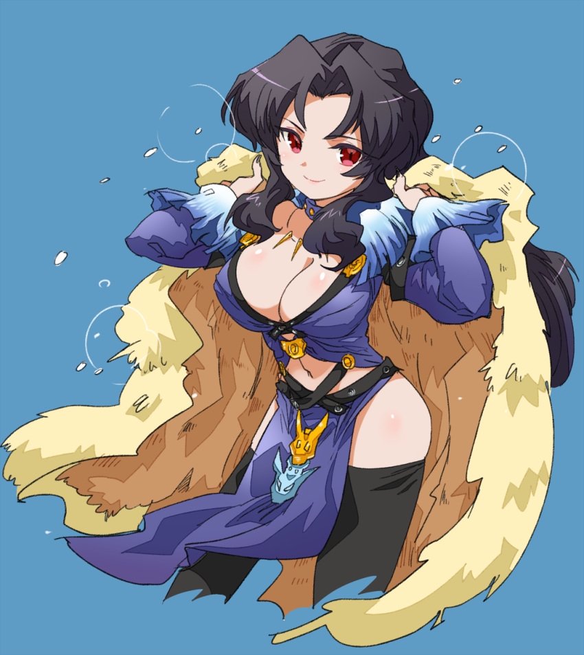 1girl black_hair black_legwear blue_background breasts cape choker cleavage fur_trim highres kamaboko_red large_breasts long_hair marky red_eyes shining_(series) shining_force_iii smile solo thigh-highs