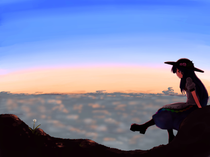 1girl above_clouds blue_sky boots daisy expressionless flower food fruit hat highres hinanawi_tenshi kys_(k-k2) layered_dress leg_up outdoors peach platform_footwear profile red_eyes short_sleeves sitting sky solo touhou twilight