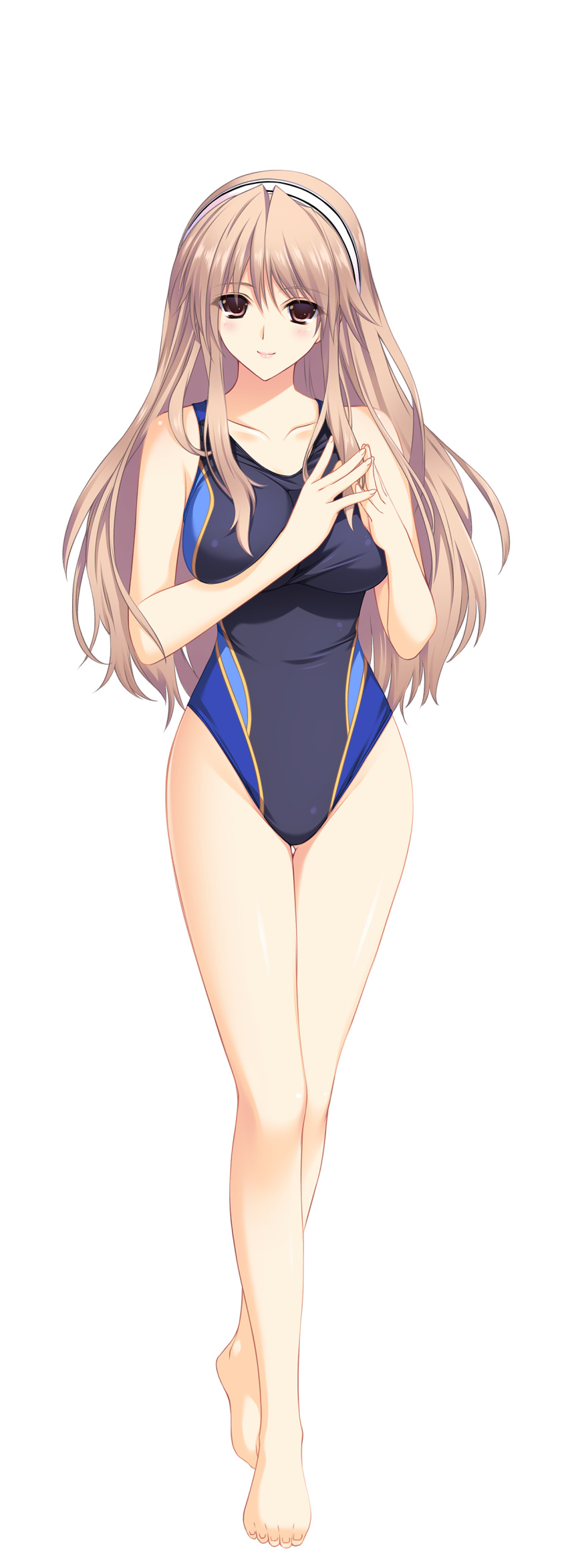 1girl absurdres blonde_hair brown_eyes competition_swimsuit full_body highres iizuki_tasuku long_hair lovely_x_cation one-piece_swimsuit simple_background solo swimsuit