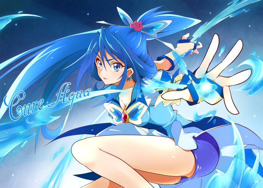 1girl arm_warmers ashita_wa_hitsuji bike_shorts blue blue_background blue_eyes blue_hair breasts character_name cleavage cure_aqua detached_sleeves earrings english eyelashes fingerless_gloves gloves gradient gradient_background hair_ornament highres jewelry large_breasts long_hair looking_at_viewer magical_girl minazuki_karen ponytail precure puffy_sleeves shirt shorts shorts_under_skirt skirt solo vest wrist_cuffs yes!_precure_5 yes!_precure_5_gogo!