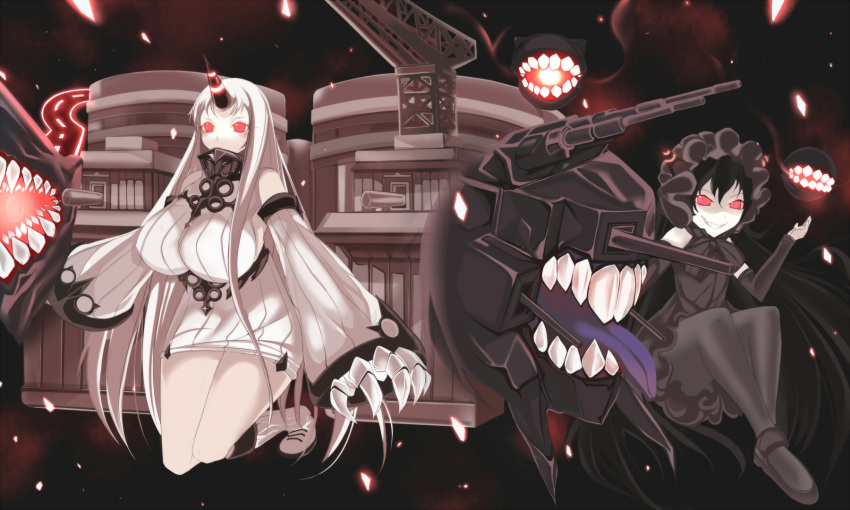 2girls bare_shoulders black_hair claws detached_sleeves glowing glowing_eyes gothic_lolita highres horn isolated_island_oni kantai_collection lolita_fashion long_hair marionette_(excle) multiple_girls pale_skin red_eyes seaport_hime shinkaisei-kan white_hair
