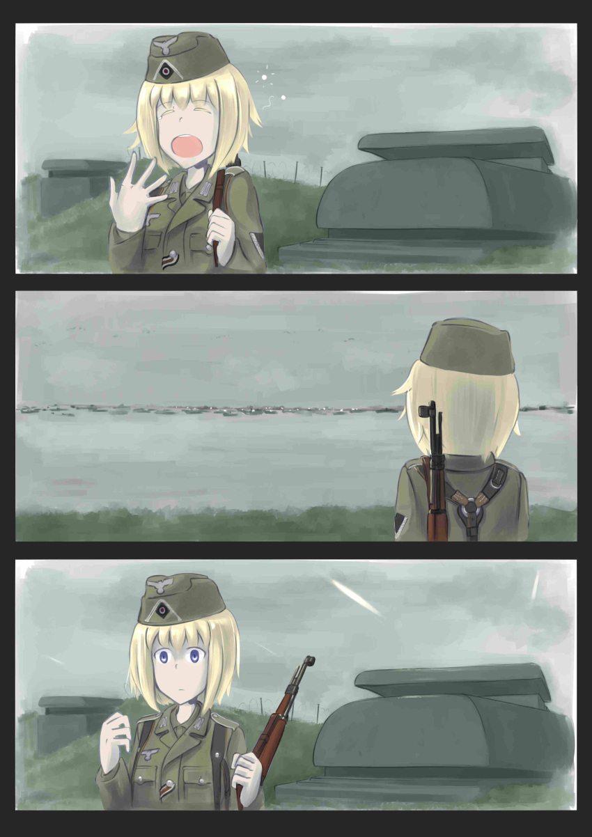 1girl 3koma absurdres barbed_wire blonde_hair bolt_action border bunker clouds cloudy_sky comic commentary erica_(naze1940) garrison_cap german hat highres historical_event mauser_98 military military_uniform ocean open_mouth original ship sky sling soldier solo uniform violet_eyes war water weapon world_war_ii yawning