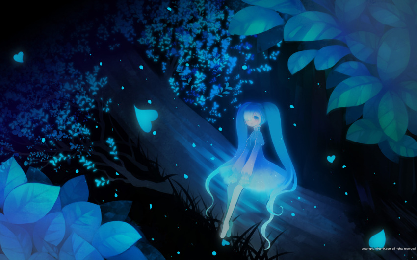 blue blue_eyes blue_hair dark dress glowing hair_over_one_eye hatsune_miku highres in_tree leaf long_hair mikumix night petals polychromatic puti_devil sitting sitting_in_tree solo tree twintails vocaloid wallpaper watermark