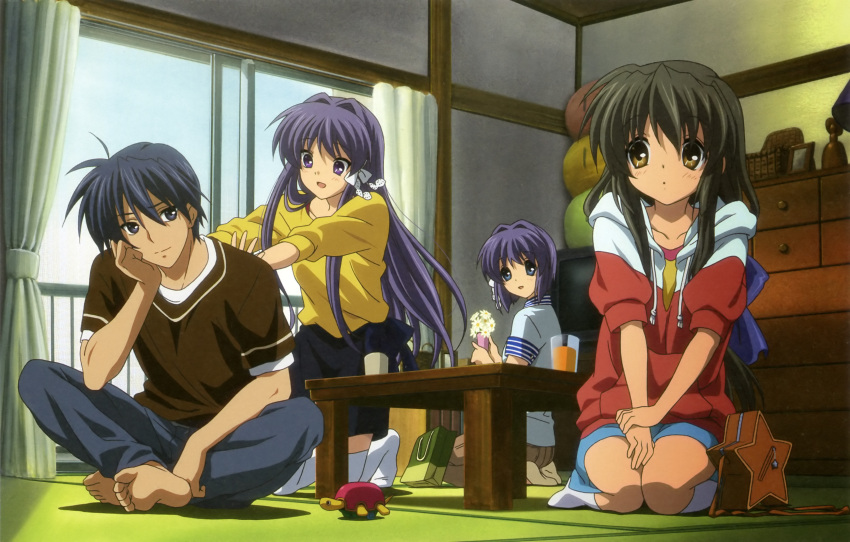 1boy 3girls absurdres barefoot blue_eyes blue_hair brown_eyes brown_hair casual chin_rest clannad clannad_after_story dango dango_daikazoku detexted drink food fujibayashi_kyou fujibayashi_ryou highres ibuki_fuuko kadowaki_miku kneeling long_hair multiple_girls official_art okazaki_tomoya purple_eyes purple_hair scan short_hair sitting socks thighhighs very_long_hair wagashi