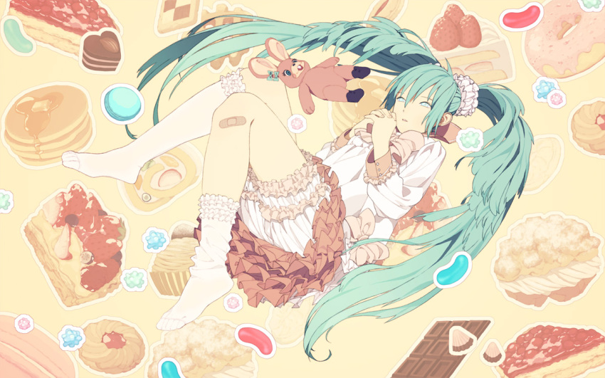 apollo_chocolate aqua_hair bloomers blue_eyes cake candy checkerboard_cookie chocolate cookie cream_puff feet food frills fruit hatsune_miku honya_lala jelly_bean konpeitou long_hair lots_of_laugh_(vocaloid) macaron mikumix mont_blanc_(food) pastry skirt socks solo strawberry stuffed_animal stuffed_toy twintails very_long_hair vocaloid