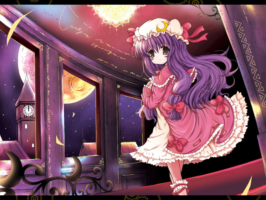 blush clock dress hat long_hair moon patchouli_knowledge purple_hair ribbon touhou