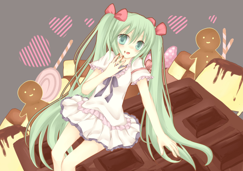 1girl aqua_eyes aqua_hair bad_id candy checkerboard_cookie chocolate choko_(pixiv962942) cookie dress food hair_ribbon hatsune_miku long_hair ribbon sitting solo twintails vocaloid