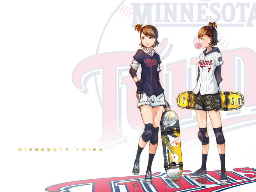 baseball brown_eyes brown_hair bubblegum casual ekao elbow_pads futami_ami futami_mami hair_bobbles hair_ornament hoodie idolmaster jacket knee_pads major_league_baseball minnesota_twins realistic short_hair shorts siblings side_ponytail skateboard twins