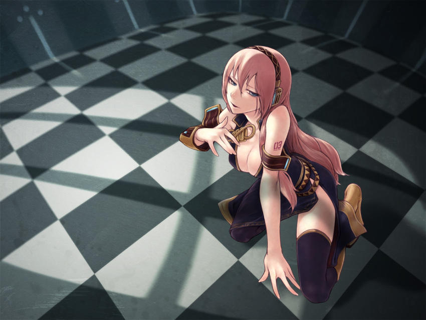 1girl breasts cleavage hands hanji_(hansi) headphones legs lips megurine_luka open_mouth pink_hair solo thighhighs vocaloid