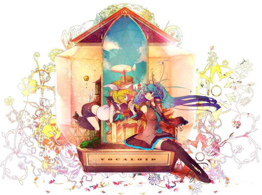 2girls aqua_hair blonde_hair blue_eyes clock detached_sleeves dirigible flower flying hair_ornament hair_ribbon hairclip hashimochi hatsune_miku highres kagamine_rin long_hair midriff multiple_girls necktie petals ribbon short_hair sitting skirt smile thighhighs tower twintails very_long_hair vocaloid zettai_ryouiki