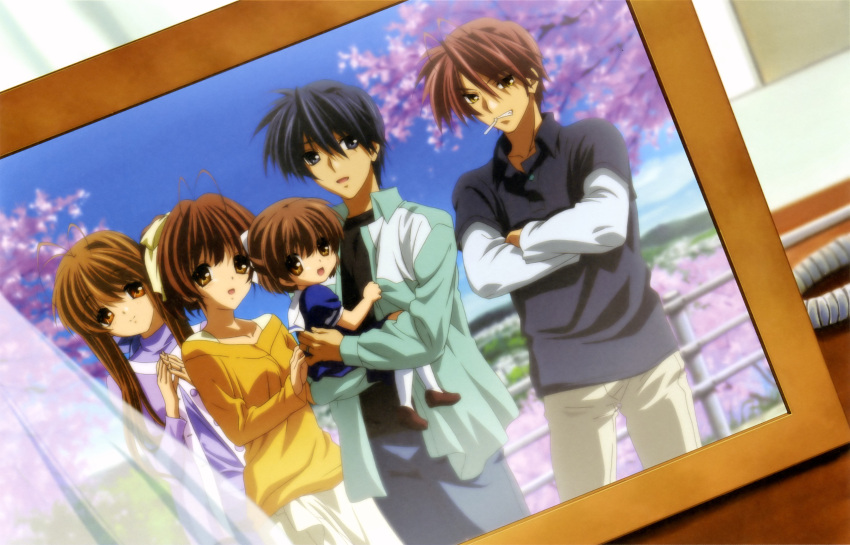 antenna_hair blue_eyes blue_hair brown_eyes brown_hair casual cherry_blossoms cigarette clannad detexted family furukawa_akio furukawa_nagisa furukawa_sanae highres ikeda_kazumi long_hair official_art okazaki_tomoya okazaki_ushio photo_(object) school_uniform short_hair socks