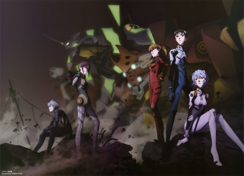 ayanami_rei black_hair blue_hair dark eva_00 eva_01 eva_02 everyone glasses grey_hair hand_on_hip highres honda_takeshi ikari_shinji long_hair makinami_mari_illustrious nagisa_kaworu neon_genesis_evangelion orange_hair plugsuit purple_hair rebuild_of_evangelion scan shikinami_asuka_langley short_hair sitting smile souryuu_asuka_langley standing telephone_pole