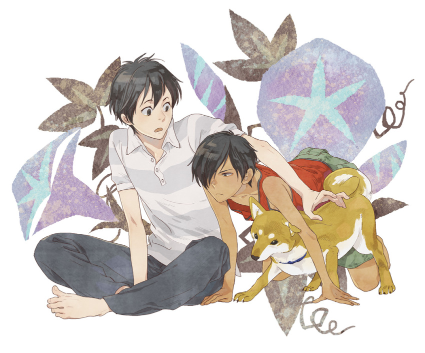 all_fours dog flower hair_over_one_eye ikezawa_kazuma indian_style koiso_kenji male morning_glory multiple_boys nobingo shiba_inu sitting summer_wars