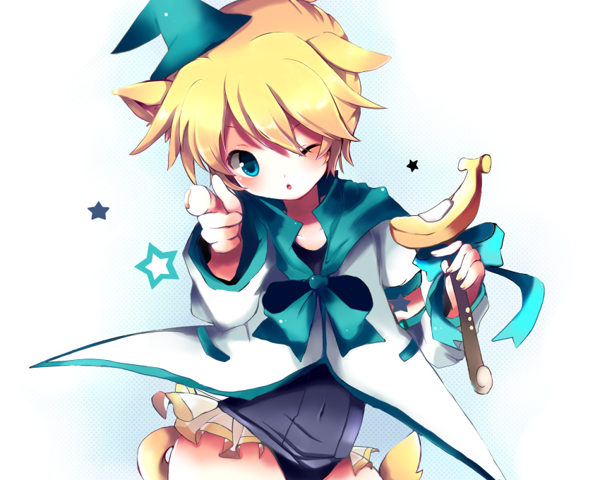 animal_ears aqua_eyes bad_id banana blonde_hair crossdressing food fruit hat highres holding kagamine_len kagamine_len_no_bousou_(vocaloid) magical_girl male school_swimsuit solo suzugo@erorin swimsuit swimsuit_under_clothes tail trap vocaloid wand wink witch_hat