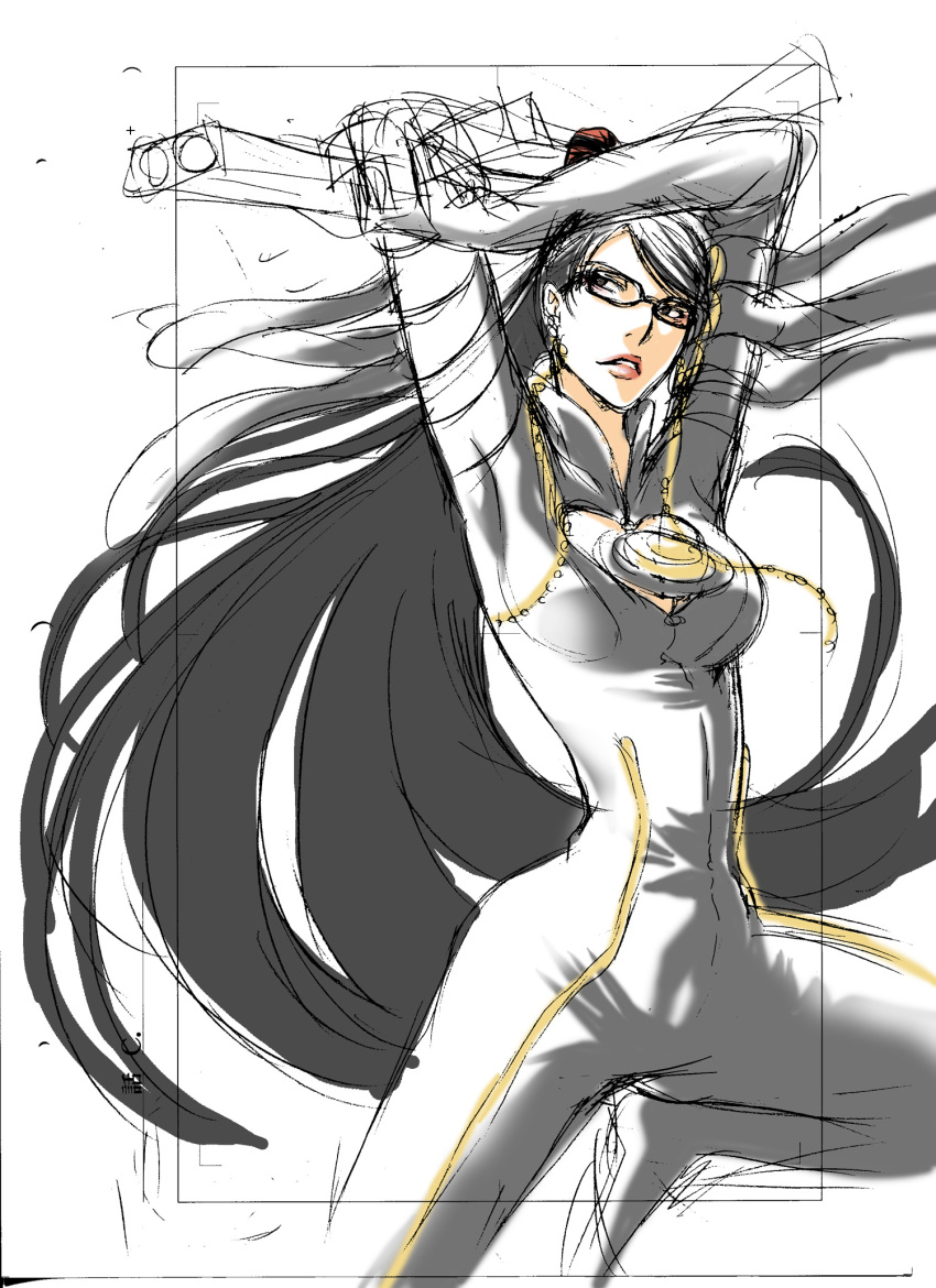 bayonetta bayonetta_(character) black_hair brown_eyes glasses gun iminashi long_hair sketch very_long_hair