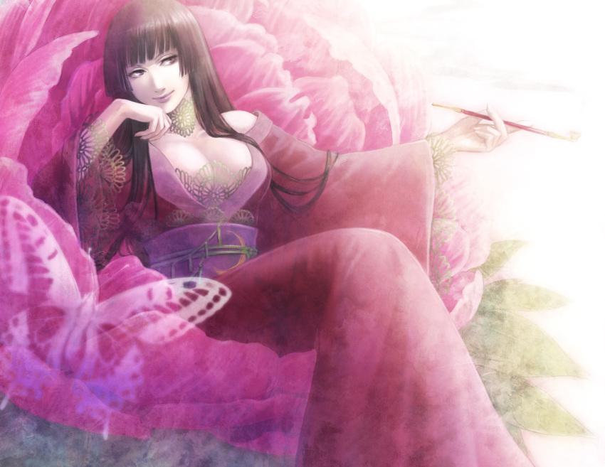 blunt_bangs breasts brown_hair cleavage dress hime_cut ichihara_yuuko japanese_clothes kimono kinoeneko kiseru pipe sitting solo xxxholic yukata