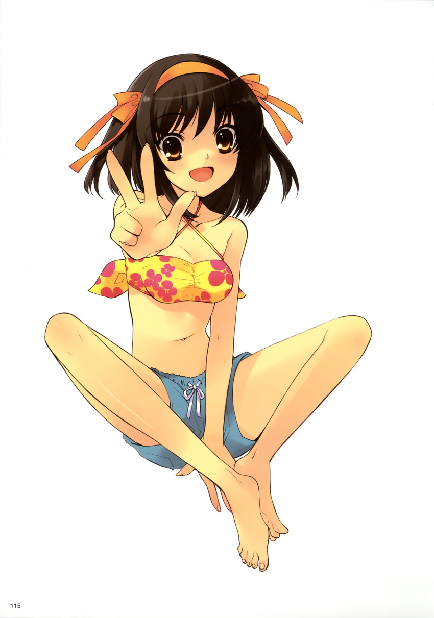 1girl absurdres barefoot bikini_top breasts brown_eyes brown_hair cleavage hairband happy highres itou_noiji short_hair shorts suzumiya_haruhi suzumiya_haruhi_no_yuuutsu