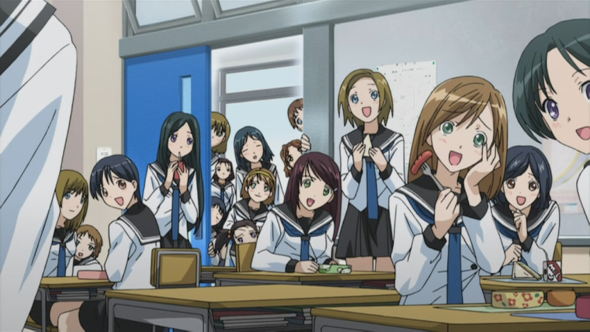 18girls :d book cap character_request classroom desk fork juice_box kampfer long_hair multiple_girls obento obentou open_mouth sandwich sausage school_desk school_uniform screencap smile squeeing