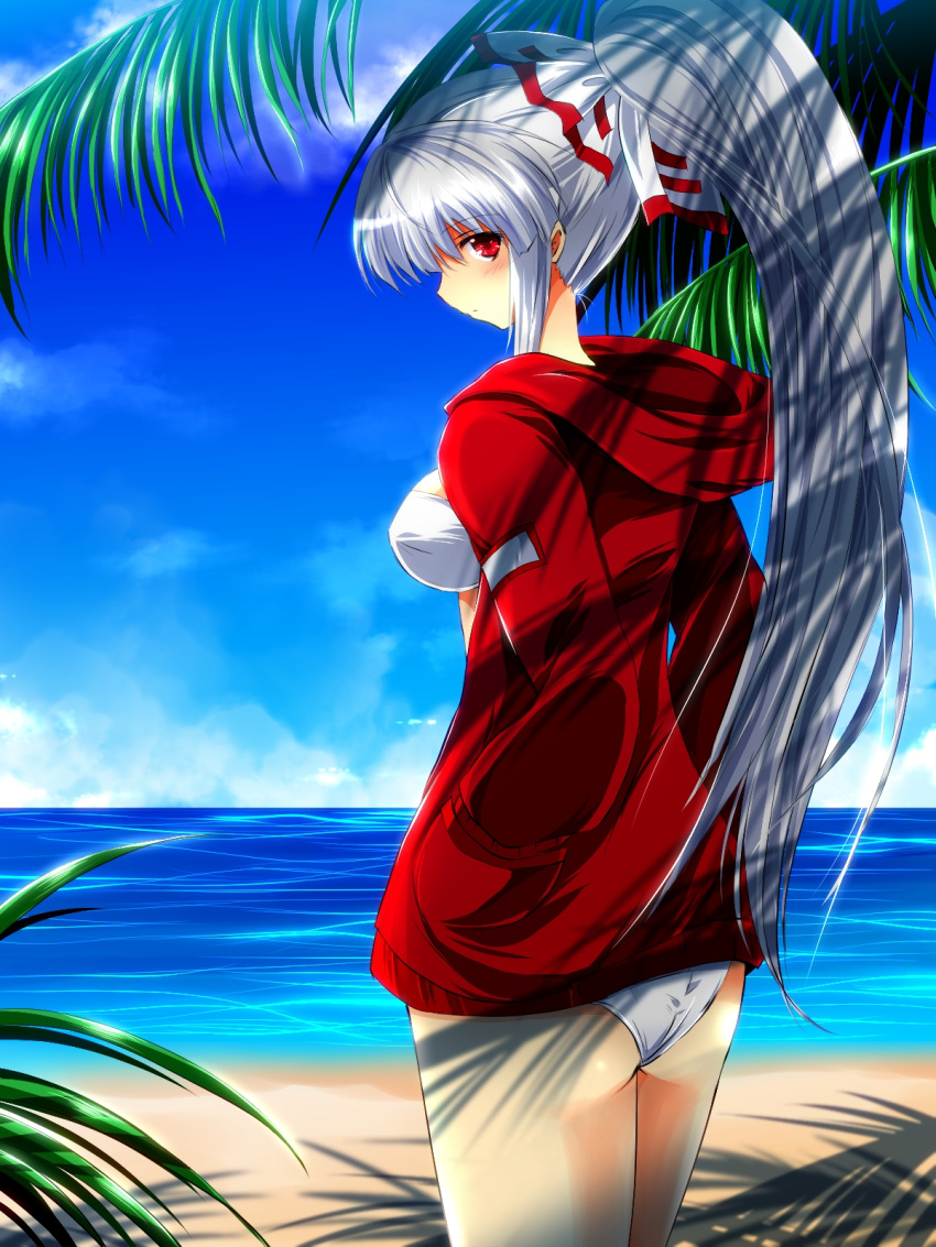 1girl alternate_costume alternate_hairstyle ass beach bikini blue_sky bow breasts clouds contemporary dappled_sunlight fujiwara_no_mokou hair_bow hands_in_pockets highres hoodie large_breasts long_hair long_sleeves looking_at_viewer looking_back nekominase palm_tree ponytail red_eyes silver_hair sky solo swimsuit touhou tree very_long_hair water white_bikini white_swimsuit