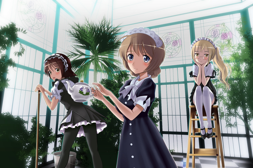 3girls alternate_hairstyle apron asymmetrical_hair blonde_hair blue_eyes braid broom brown_eyes brown_hair bucket cat glasses hands_on_own_cheeks hands_on_own_face highres long_hair looking_at_viewer lynette_bishop maid maid_apron maid_headdress miyafuji_yoshika multiple_girls novram58 open_mouth pantyhose perrine_h_clostermann side_ponytail sitting smile stepladder strike_witches teapot thigh-highs yellow_eyes