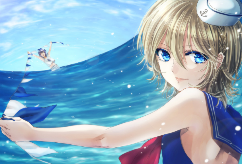 2boys anchor androgynous blue_eyes closed_eyes crop_top hat highres looking_back multiple_boys open_mouth original purple_hair sailor_collar sailor_hat shino_(syllable) trap water