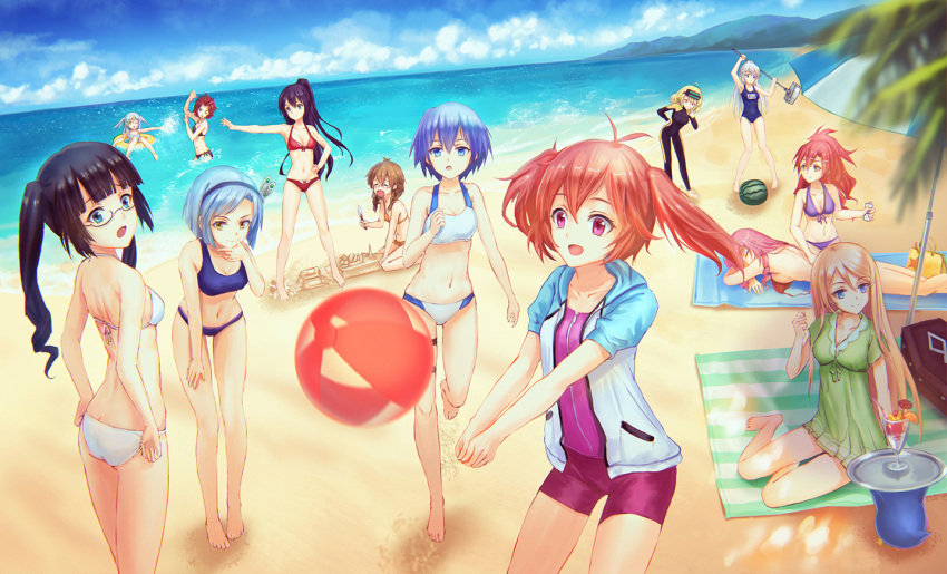 6+girls akuma_no_riddle azuma_tokaku ball banba_mahiru beach beachball bikini bodysuit character_request everyone hanabusa_sumireko hashiri_nio ichinose_haru inukai_isuke kaminaga_kouko kirigaya_hitsugi multiple_girls namatame_chitaru rakuhei sagae_haruki shuto_suzu swimsuit wetsuit