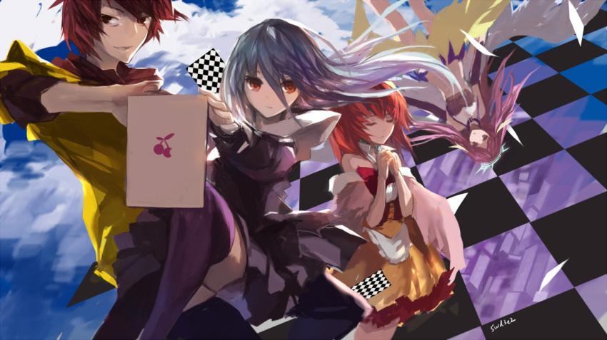 1boy 3girls checkered closed_eyes dutch_angle hands_clasped jibril_(no_game_no_life) long_hair looking_at_viewer multiple_girls navel no_game_no_life notebook open_mouth purple_hair red_eyes redhead rough school_uniform serafuku shiro_(no_game_no_life) short_hair silver_hair sky smile sora_(no_game_no_life) stephanie_dora swd3e2 tagme thigh-highs upside-down white_wings wings