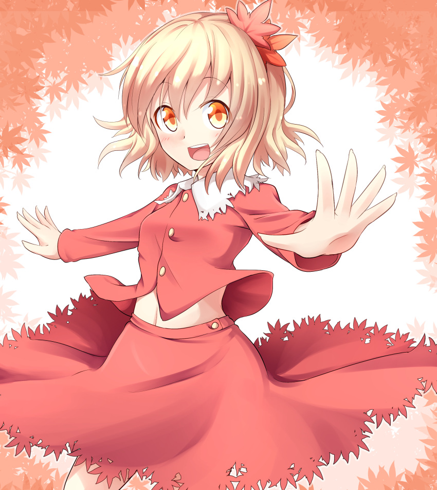 1girl absurdres aki_shizuha blonde_hair hair_ornament highres long_sleeves looking_at_viewer midriff navel nogisaka_kushio open_mouth outstretched_arms shirt skirt skirt_set smile solo touhou yellow_eyes