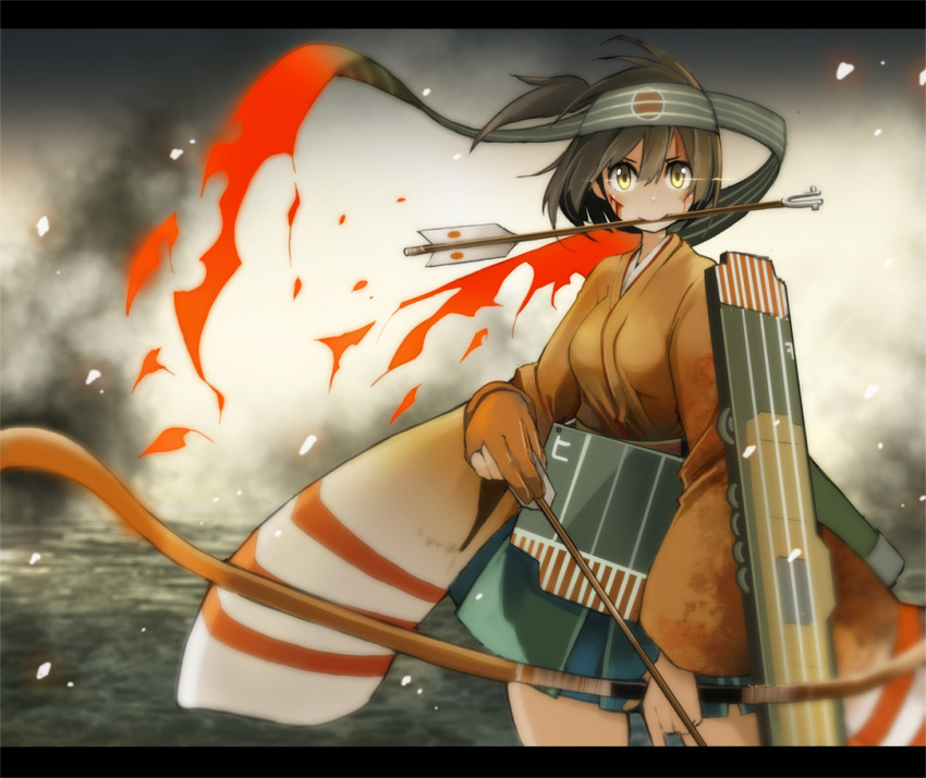 1girl arrow asymmetrical_hair blurry bow_(weapon) brown_hair headband hiryuu_(kantai_collection) holding japanese_clothes kantai_collection rough short_hair side_ponytail solo tagme tansuke weapon yellow_eyes