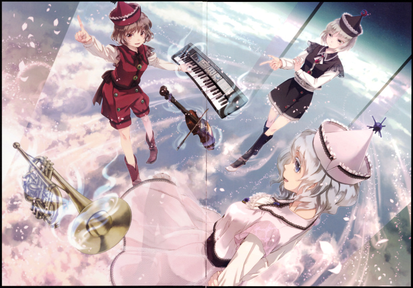 3girls adapted_costume alternate_costume arms_behind_back black_legwear blonde_hair blue_eyes blue_hair blue_sky boots brown_eyes brown_hair cherry_blossoms dress family hat highres instrument keyboard_(instrument) kneehighs long_sleeves looking_at_another looking_at_viewer lunasa_prismriver lyrica_prismriver merlin_prismriver miyuki_ruria multiple_girls open_mouth petals playing_instrument pointing profile scan shirt short_hair siblings sisters skirt sky smile standing touhou trumpet vest violin white_shirt yellow_eyes
