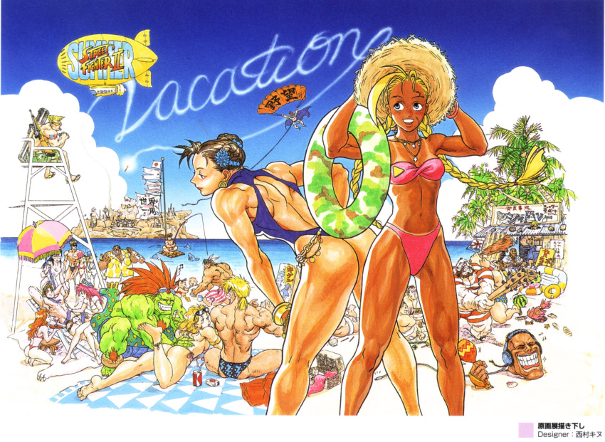 6+boys 6+girls anklet artist_request ass back balrog bandeau baseball_bat bat beach beach_umbrella beard bent_over bikini bikini_tan blanka blanket blindfold blonde_hair bracelet braid brown_hair buried cammy_white camouflage can casual_one-piece_swimsuit chair chun-li clouds cross dark_skin dee_jay dhalsim dirigible double_bun drink earrings edmond_honda eliza_masters everyone facial_hair feathers feet fei_long final_fight fishing fishing_rod flag flat_chest food fruit gouki green_skin grin guile hat headband headphones highres hot_air_balloon inflatable_raft innertube instrument japan jewelry ken_masters legs lifeguard lipstick log long_hair lounge_chair lying makeup maracas midriff multiple_boys multiple_girls muscle nail nail_bat navel necklace nishimura_kinu on_back on_stomach one-piece_swimsuit outdoors palm_tree parachute peaked_cap pink_hair poison_(final_fight) ponytail raft redhead ryuu_(street_fighter) sagat sandals scan shark shop short_hair shorts side-tie_bikini sitting sky skywriting smile squatting standing straw_hat street_fighter street_fighter_ii striped sunglasses sunglasses_on_head swim_briefs swim_trunks swimsuit tan tanline thong_bikini thunder_hawk top_hat tree tubetop twin_braids umbrella vega water watermelon zangief