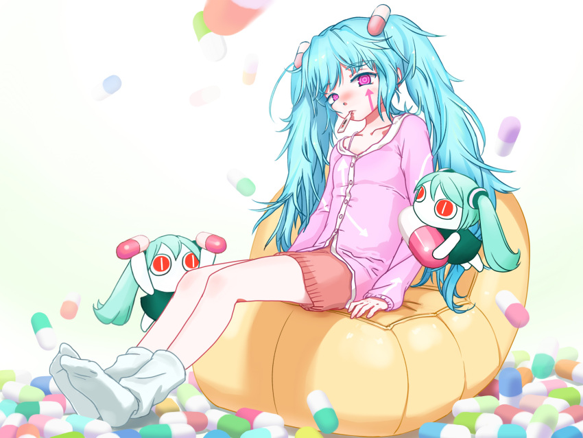 bloodtea blue_hair hatsune_miku highres long_hair pill pink_eyes sitting socks thermometer twintails very_long_hair vocaloid