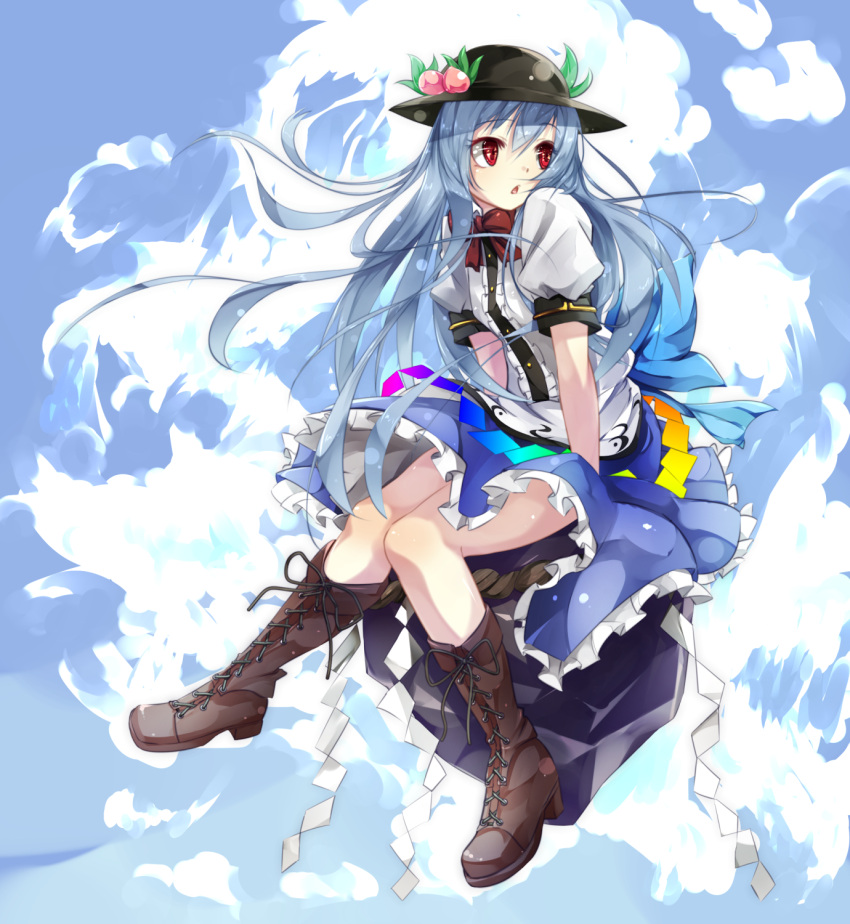blue_hair boots cross-laced_footwear food fruit gorilla_(bun0615) hat highres hinanawi_tenshi keystone lace-up_boots open_mouth peach red_eyes ribbon short_sleeves sky touhou